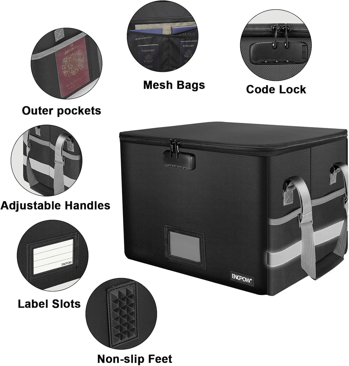 File Box with Lock,Fireproof Document Box with Zipper＆Pockets,Collapsible File Organizer Filing Storage Cabinet with Handle,Portable Home Office Safe for Hanging Letter/Legal Folder,Black