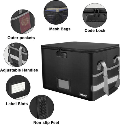 File Box with Lock,Fireproof Document Box with Zipper＆Pockets,Collapsible File Organizer Filing Storage Cabinet with Handle,Portable Home Office Safe for Hanging Letter/Legal Folder,Black