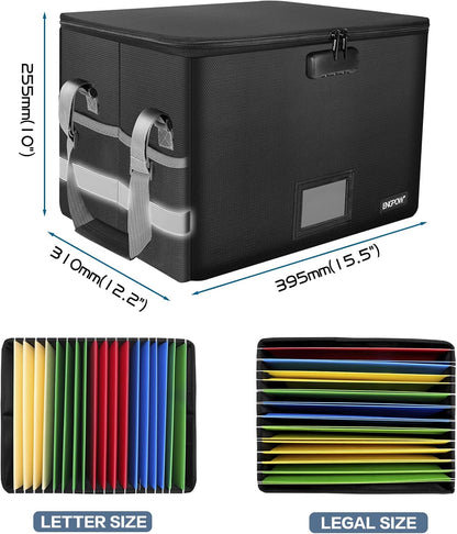 File Box with Lock,Fireproof Document Box with Zipper＆Pockets,Collapsible File Organizer Filing Storage Cabinet with Handle,Portable Home Office Safe for Hanging Letter/Legal Folder,Black