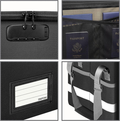 File Box with Lock,Fireproof Document Box with Zipper＆Pockets,Collapsible File Organizer Filing Storage Cabinet with Handle,Portable Home Office Safe for Hanging Letter/Legal Folder,Black
