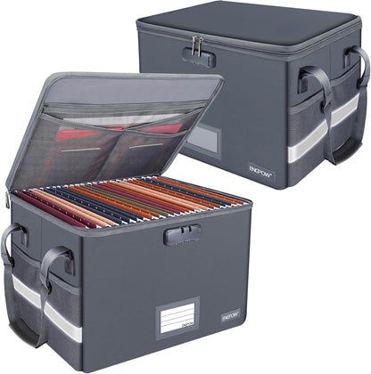 File Box with Lock,Fireproof Document Box with Zipper＆Pockets,Collapsible File Organizer Filing Storage Cabinet with Handle,Portable Home Office Safe for Hanging Letter/Legal Folder,Black