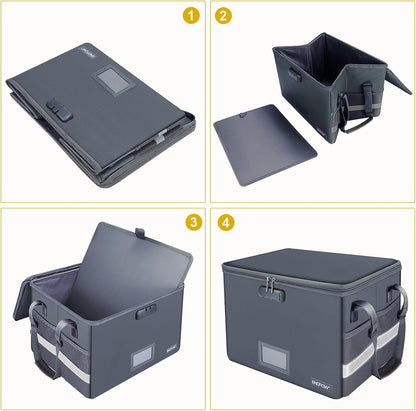 File Box with Lock,Fireproof Document Box with Zipper＆Pockets,Collapsible File Organizer Filing Storage Cabinet with Handle,Portable Home Office Safe for Hanging Letter/Legal Folder,Black