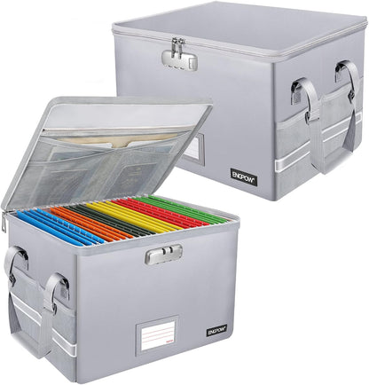 File Box with Lock,Fireproof Document Box with Zipper＆Pockets,Collapsible File Organizer Filing Storage Cabinet with Handle,Portable Home Office Safe for Hanging Letter/Legal Folder,Black