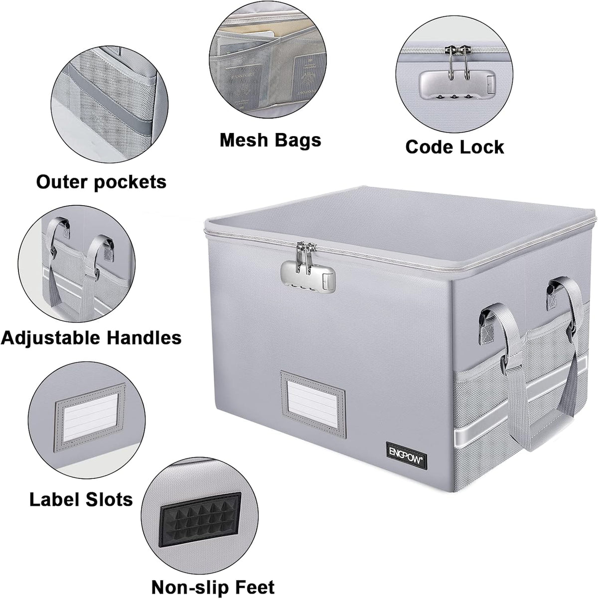 File Box with Lock,Fireproof Document Box with Zipper＆Pockets,Collapsible File Organizer Filing Storage Cabinet with Handle,Portable Home Office Safe for Hanging Letter/Legal Folder,Black