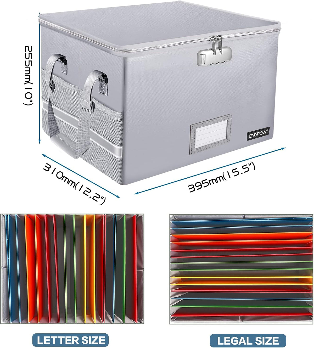 File Box with Lock,Fireproof Document Box with Zipper＆Pockets,Collapsible File Organizer Filing Storage Cabinet with Handle,Portable Home Office Safe for Hanging Letter/Legal Folder,Black