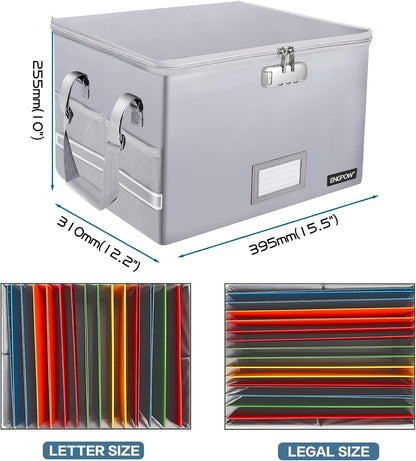 File Box with Lock,Fireproof Document Box with Zipper＆Pockets,Collapsible File Organizer Filing Storage Cabinet with Handle,Portable Home Office Safe for Hanging Letter/Legal Folder,Black