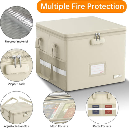 File Box with Lock,Fireproof Document Box with Zipper＆Pockets,Collapsible File Organizer Filing Storage Cabinet with Handle,Portable Home Office Safe for Hanging Letter/Legal Folder,Black