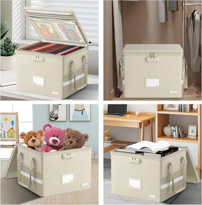 File Box with Lock,Fireproof Document Box with Zipper＆Pockets,Collapsible File Organizer Filing Storage Cabinet with Handle,Portable Home Office Safe for Hanging Letter/Legal Folder,Black