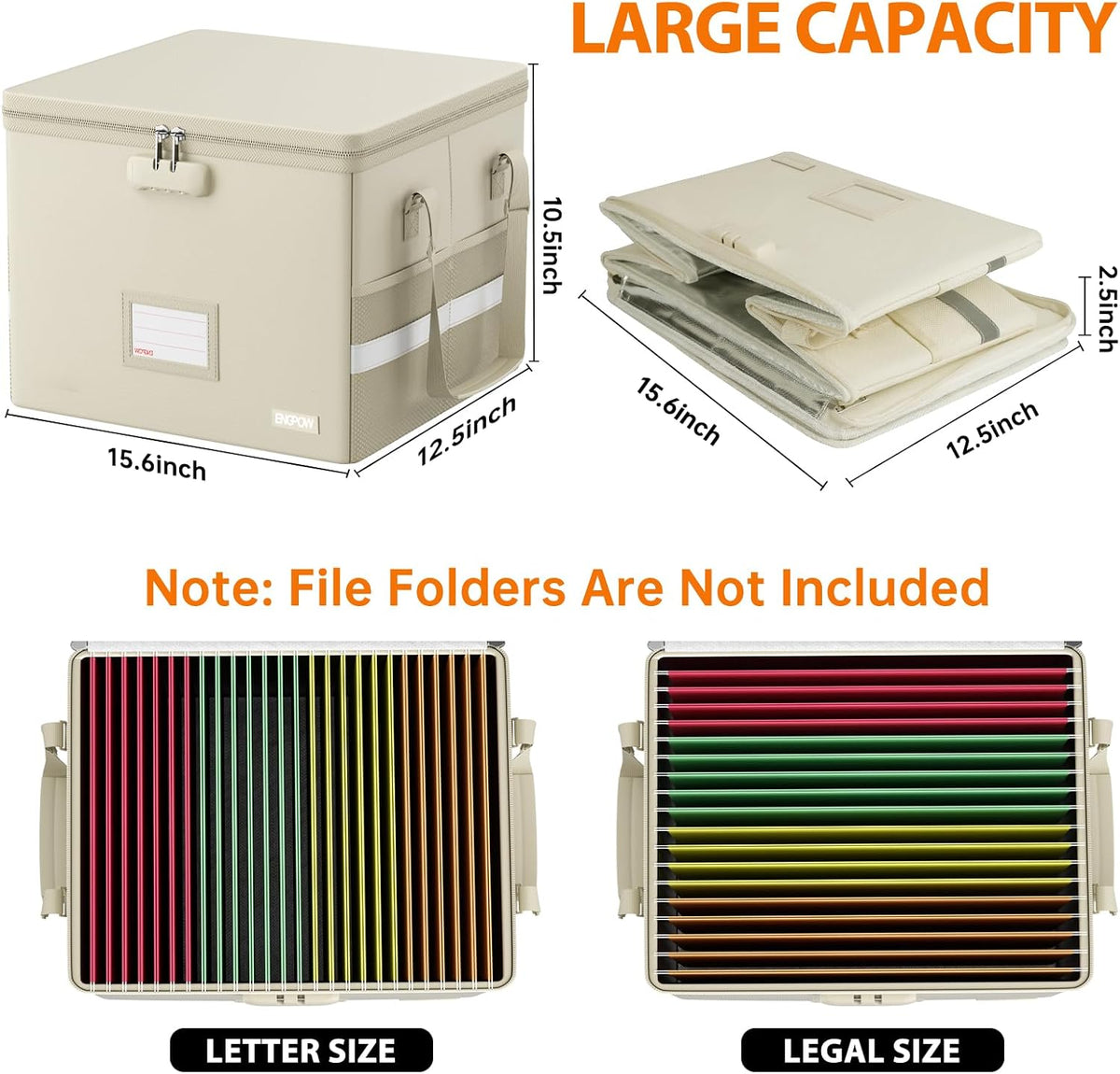 File Box with Lock,Fireproof Document Box with Zipper＆Pockets,Collapsible File Organizer Filing Storage Cabinet with Handle,Portable Home Office Safe for Hanging Letter/Legal Folder,Black