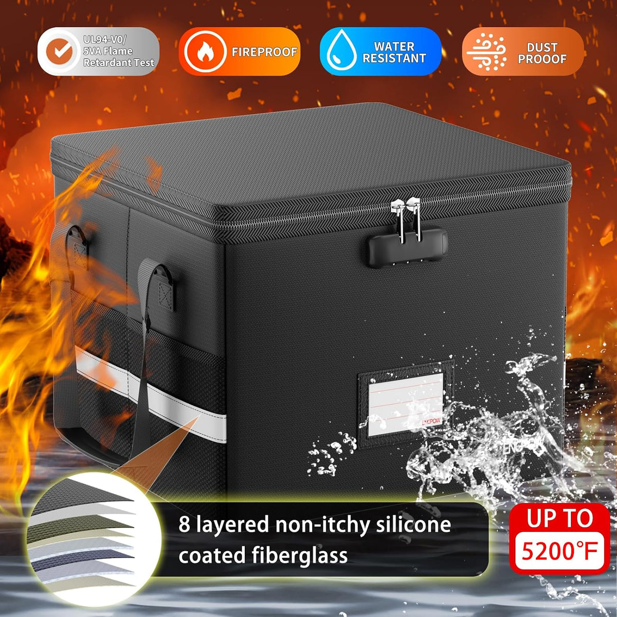 File Box with Lock,Fireproof Document Box with Zipper＆Pockets,Collapsible File Organizer Filing Storage Cabinet with Handle,Portable Home Office Safe for Hanging Letter/Legal Folder,Black