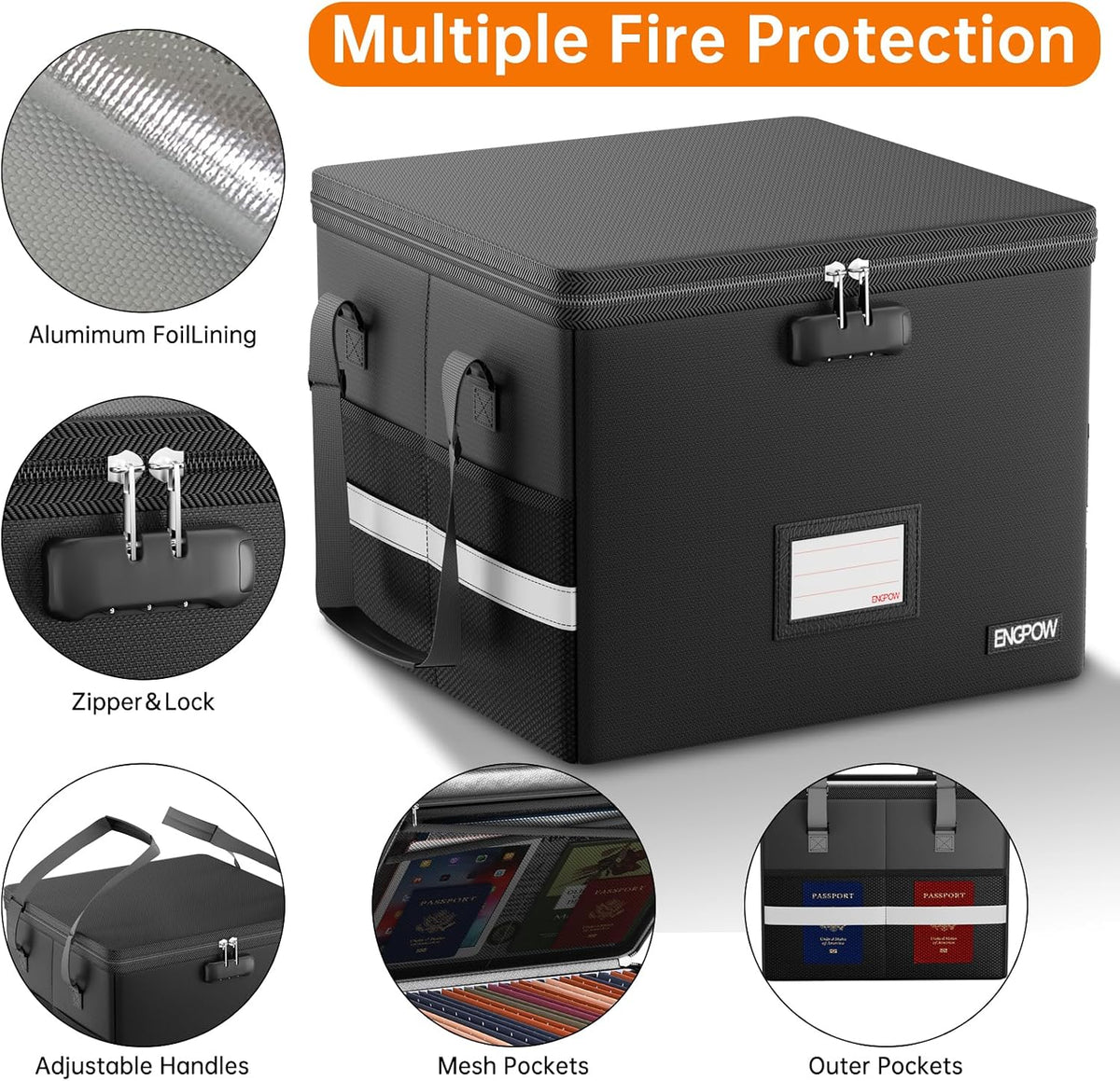File Box with Lock,Fireproof Document Box with Zipper＆Pockets,Collapsible File Organizer Filing Storage Cabinet with Handle,Portable Home Office Safe for Hanging Letter/Legal Folder,Black