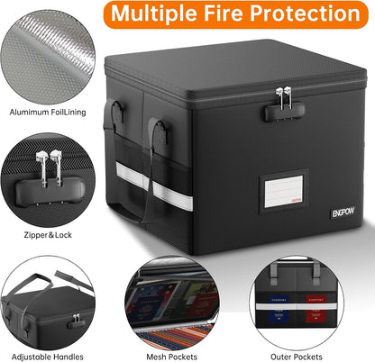 File Box with Lock,Fireproof Document Box with Zipper＆Pockets,Collapsible File Organizer Filing Storage Cabinet with Handle,Portable Home Office Safe for Hanging Letter/Legal Folder,Black