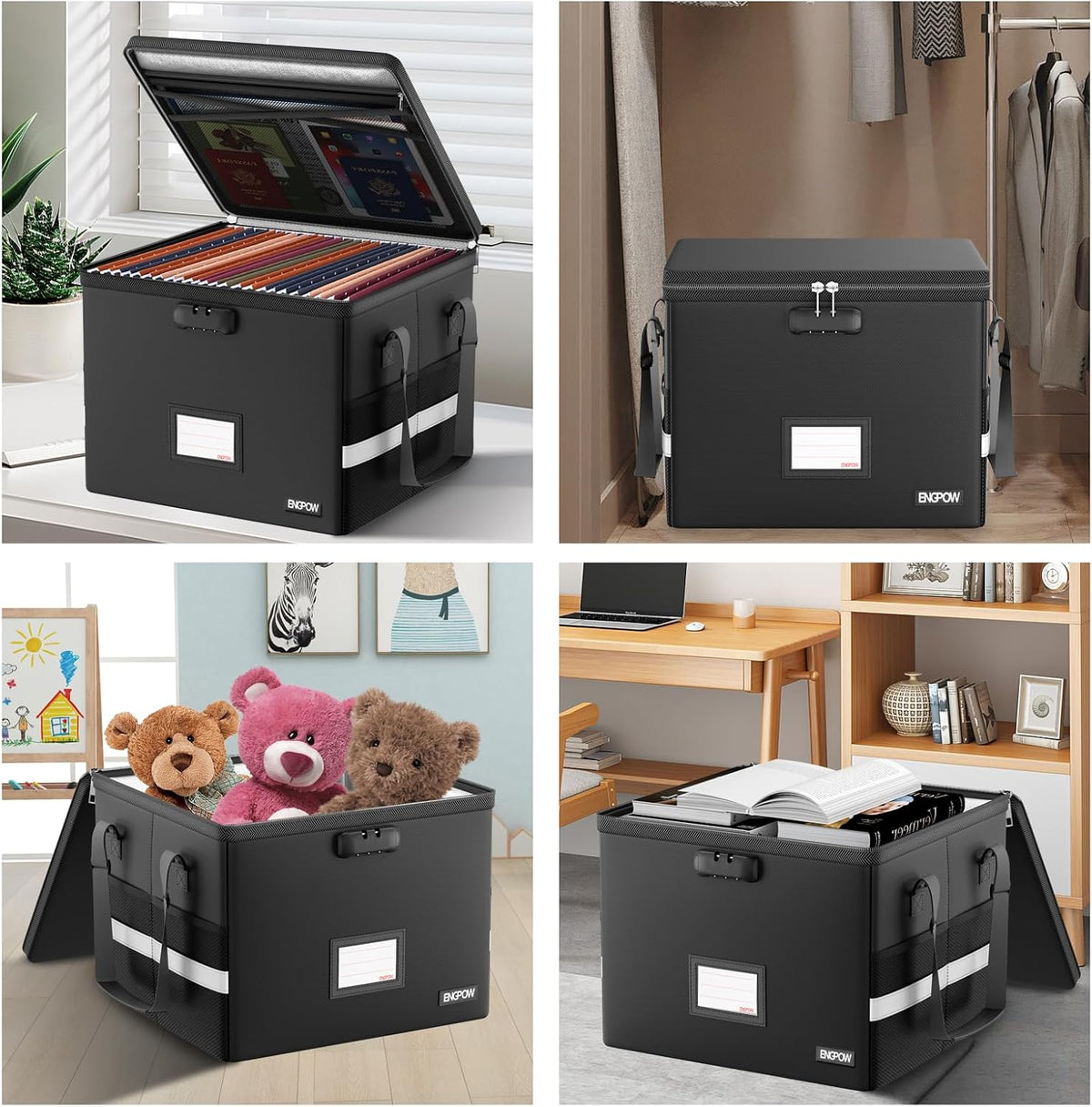 File Box with Lock,Fireproof Document Box with Zipper＆Pockets,Collapsible File Organizer Filing Storage Cabinet with Handle,Portable Home Office Safe for Hanging Letter/Legal Folder,Black