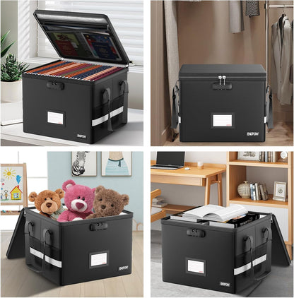 File Box with Lock,Fireproof Document Box with Zipper＆Pockets,Collapsible File Organizer Filing Storage Cabinet with Handle,Portable Home Office Safe for Hanging Letter/Legal Folder,Black