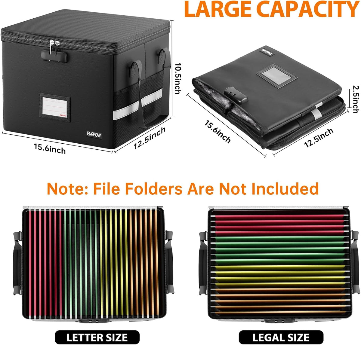 File Box with Lock,Fireproof Document Box with Zipper＆Pockets,Collapsible File Organizer Filing Storage Cabinet with Handle,Portable Home Office Safe for Hanging Letter/Legal Folder,Black