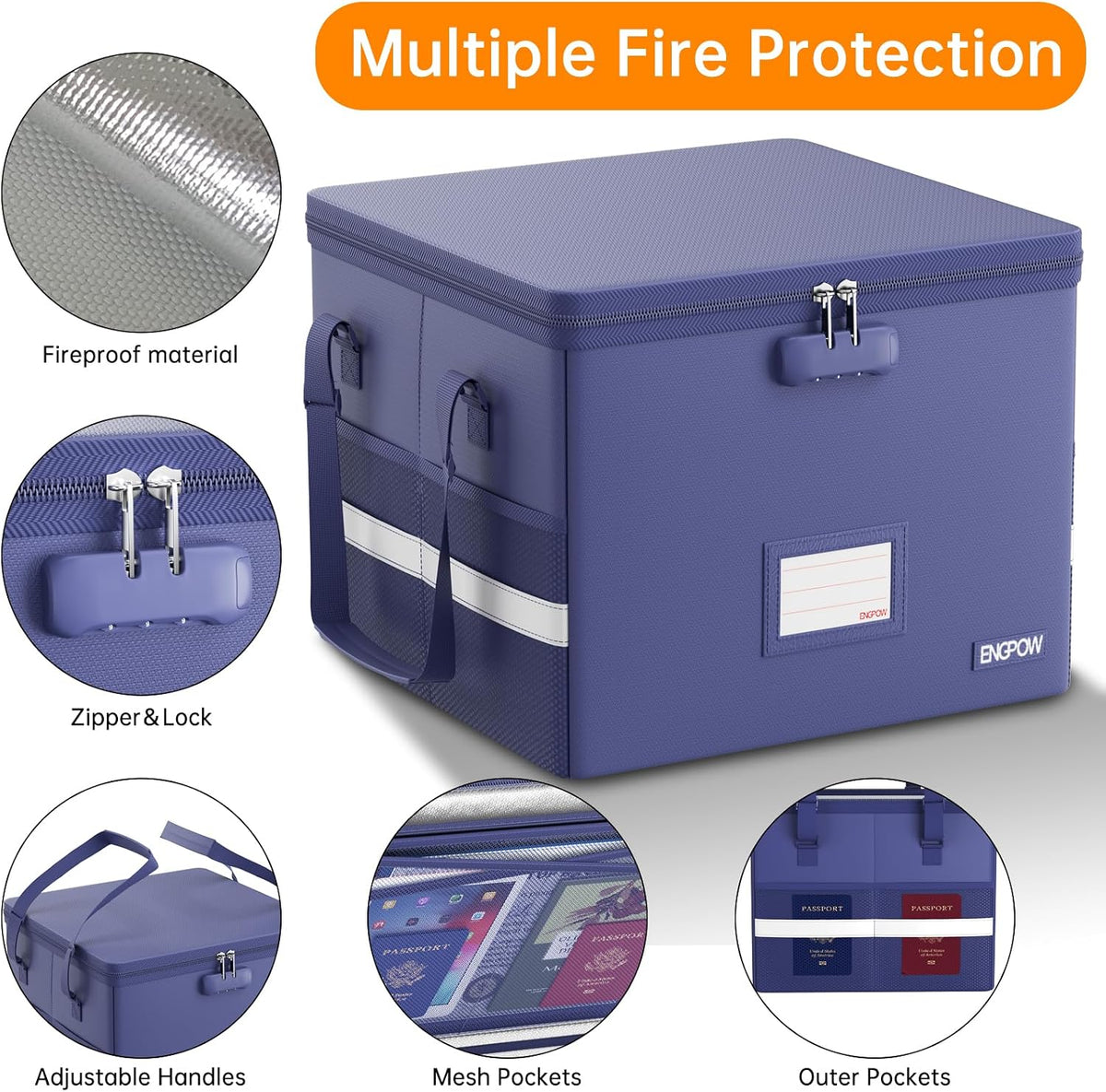 File Box with Lock,Fireproof Document Box with Zipper＆Pockets,Collapsible File Organizer Filing Storage Cabinet with Handle,Portable Home Office Safe for Hanging Letter/Legal Folder,Black