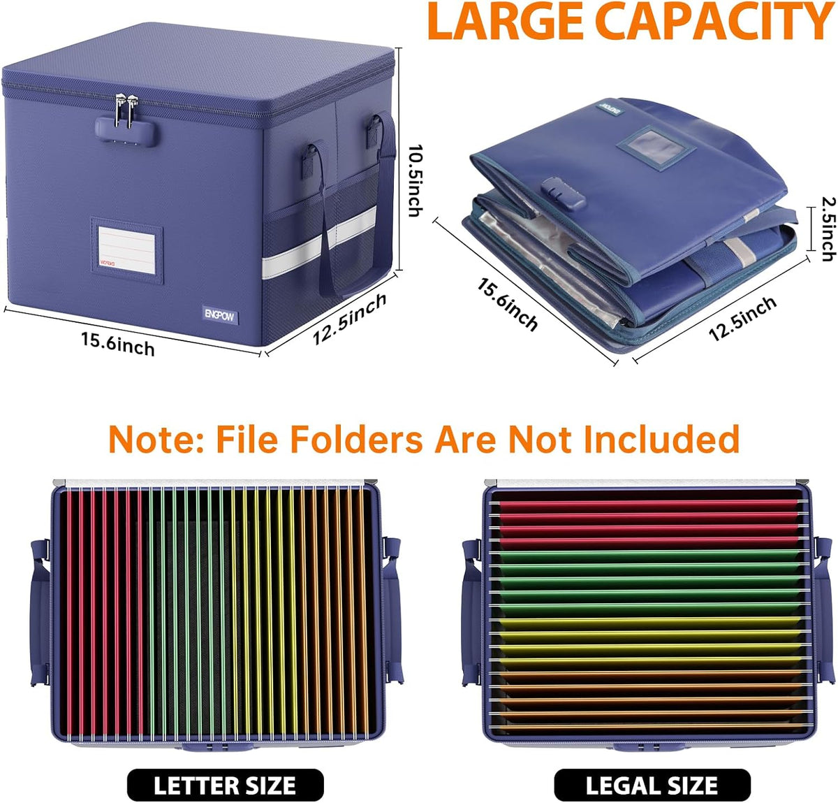 File Box with Lock,Fireproof Document Box with Zipper＆Pockets,Collapsible File Organizer Filing Storage Cabinet with Handle,Portable Home Office Safe for Hanging Letter/Legal Folder,Black