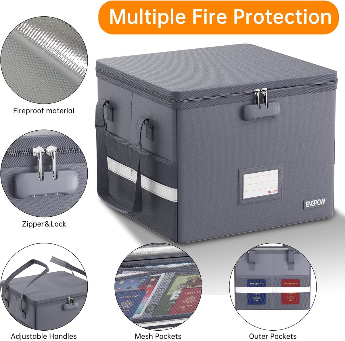 File Box with Lock,Fireproof Document Box with Zipper＆Pockets,Collapsible File Organizer Filing Storage Cabinet with Handle,Portable Home Office Safe for Hanging Letter/Legal Folder,Black
