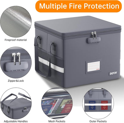 File Box with Lock,Fireproof Document Box with Zipper＆Pockets,Collapsible File Organizer Filing Storage Cabinet with Handle,Portable Home Office Safe for Hanging Letter/Legal Folder,Black