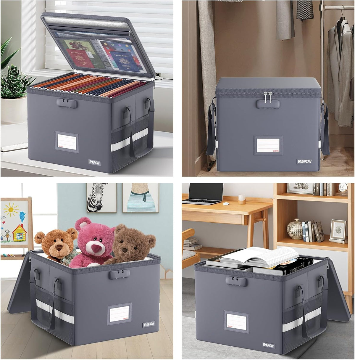 File Box with Lock,Fireproof Document Box with Zipper＆Pockets,Collapsible File Organizer Filing Storage Cabinet with Handle,Portable Home Office Safe for Hanging Letter/Legal Folder,Black