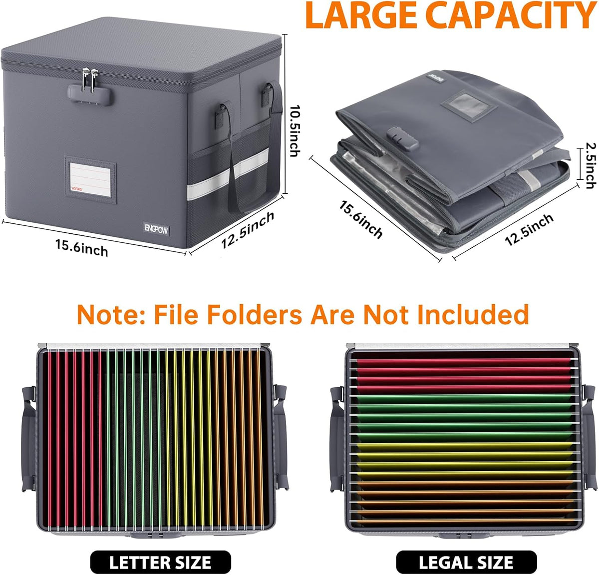 File Box with Lock,Fireproof Document Box with Zipper＆Pockets,Collapsible File Organizer Filing Storage Cabinet with Handle,Portable Home Office Safe for Hanging Letter/Legal Folder,Black