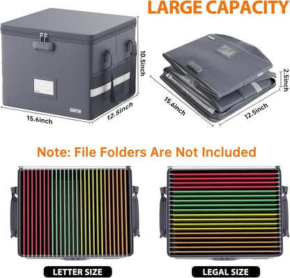File Box with Lock,Fireproof Document Box with Zipper＆Pockets,Collapsible File Organizer Filing Storage Cabinet with Handle,Portable Home Office Safe for Hanging Letter/Legal Folder,Black