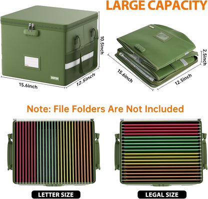 File Box with Lock,Fireproof Document Box with Zipper＆Pockets,Collapsible File Organizer Filing Storage Cabinet with Handle,Portable Home Office Safe for Hanging Letter/Legal Folder,Black