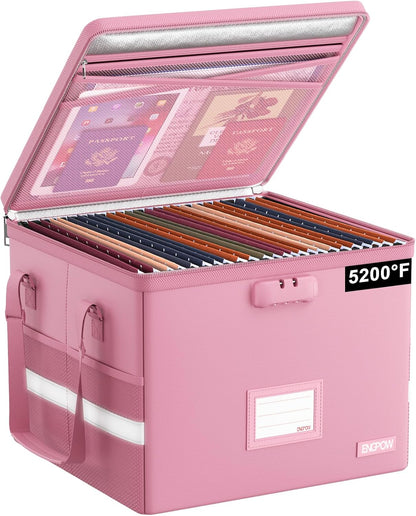 File Box with Lock,Fireproof Document Box with Zipper＆Pockets,Collapsible File Organizer Filing Storage Cabinet with Handle,Portable Home Office Safe for Hanging Letter/Legal Folder,Black