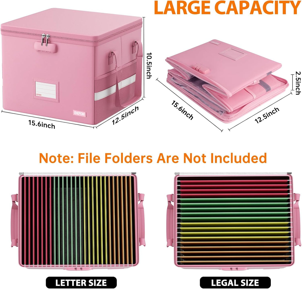 File Box with Lock,Fireproof Document Box with Zipper＆Pockets,Collapsible File Organizer Filing Storage Cabinet with Handle,Portable Home Office Safe for Hanging Letter/Legal Folder,Black