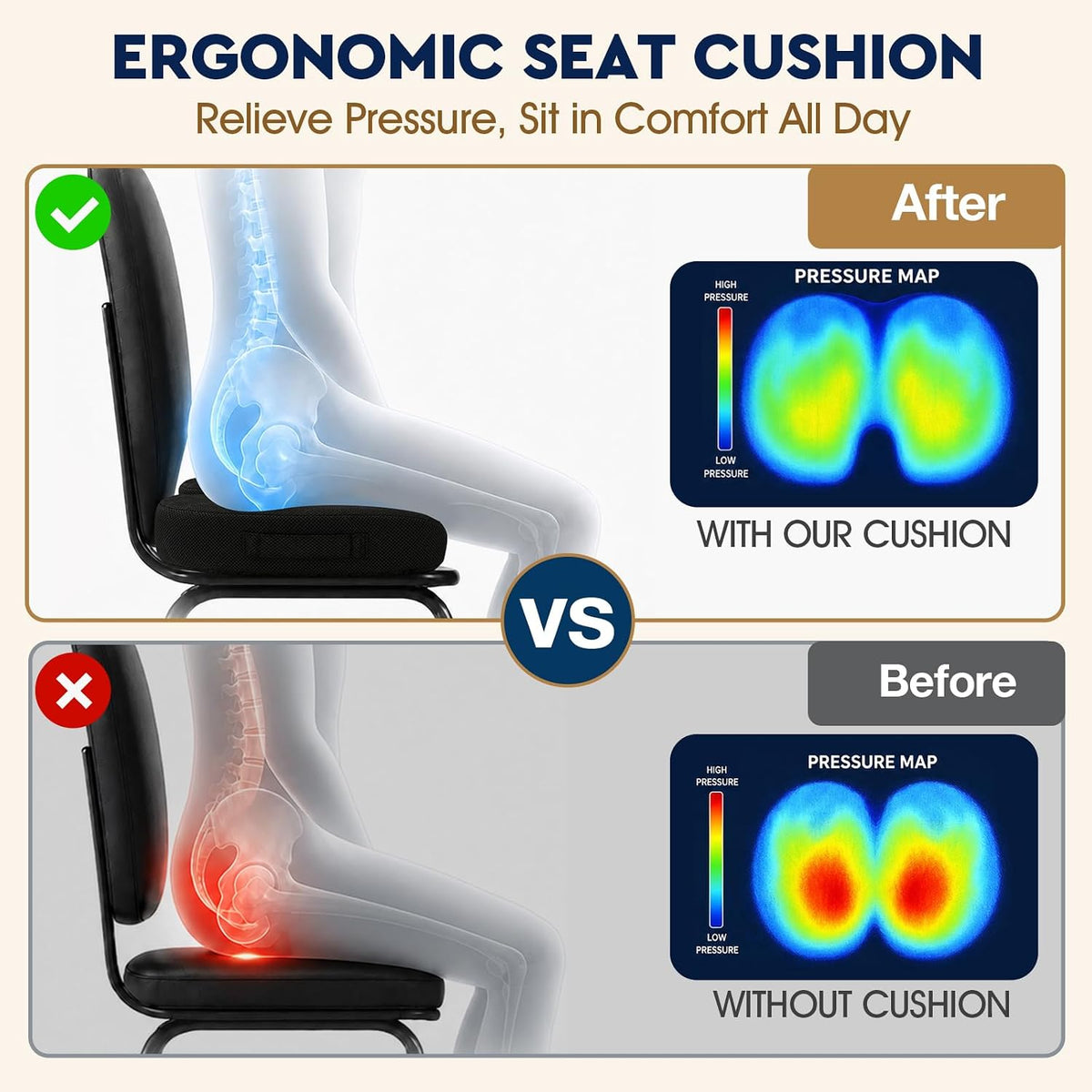 TushGuard Seat Cushion, Memory Foam Office Chair Cushion - Grey, Large