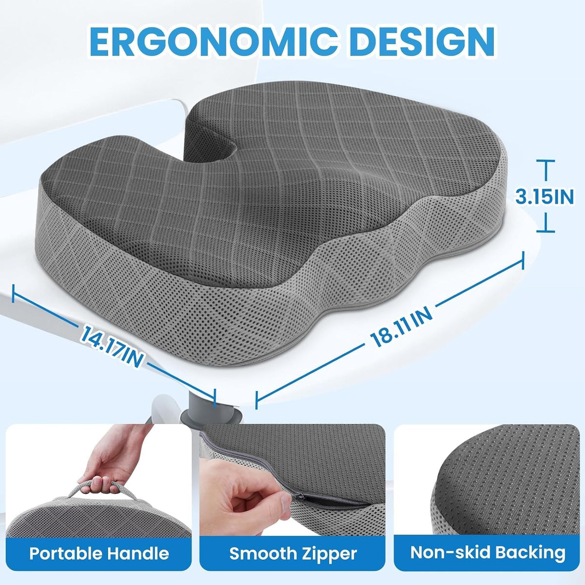 TushGuard Seat Cushion, Memory Foam Office Chair Cushion - Grey, Large
