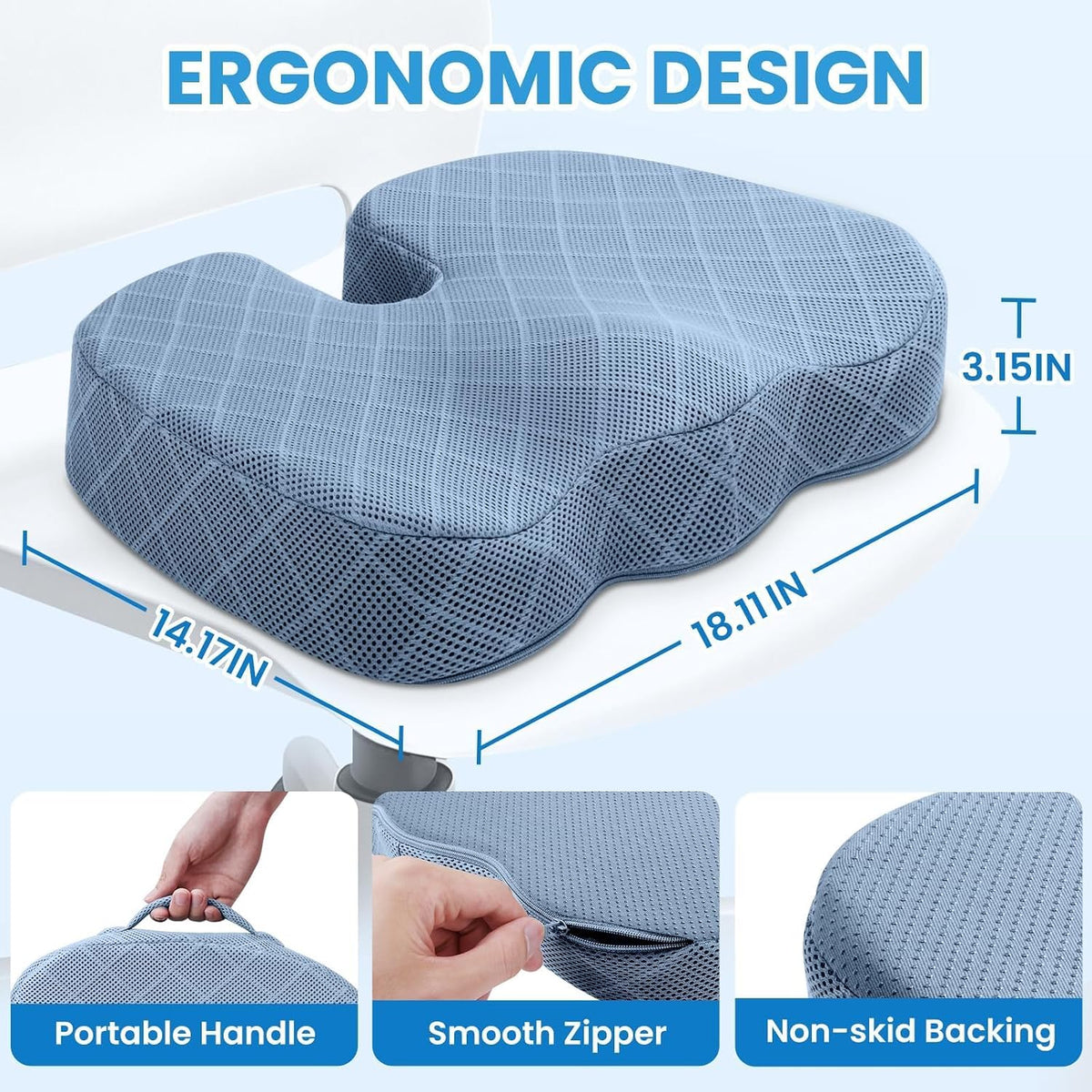 TushGuard Seat Cushion, Memory Foam Office Chair Cushion - Grey, Large
