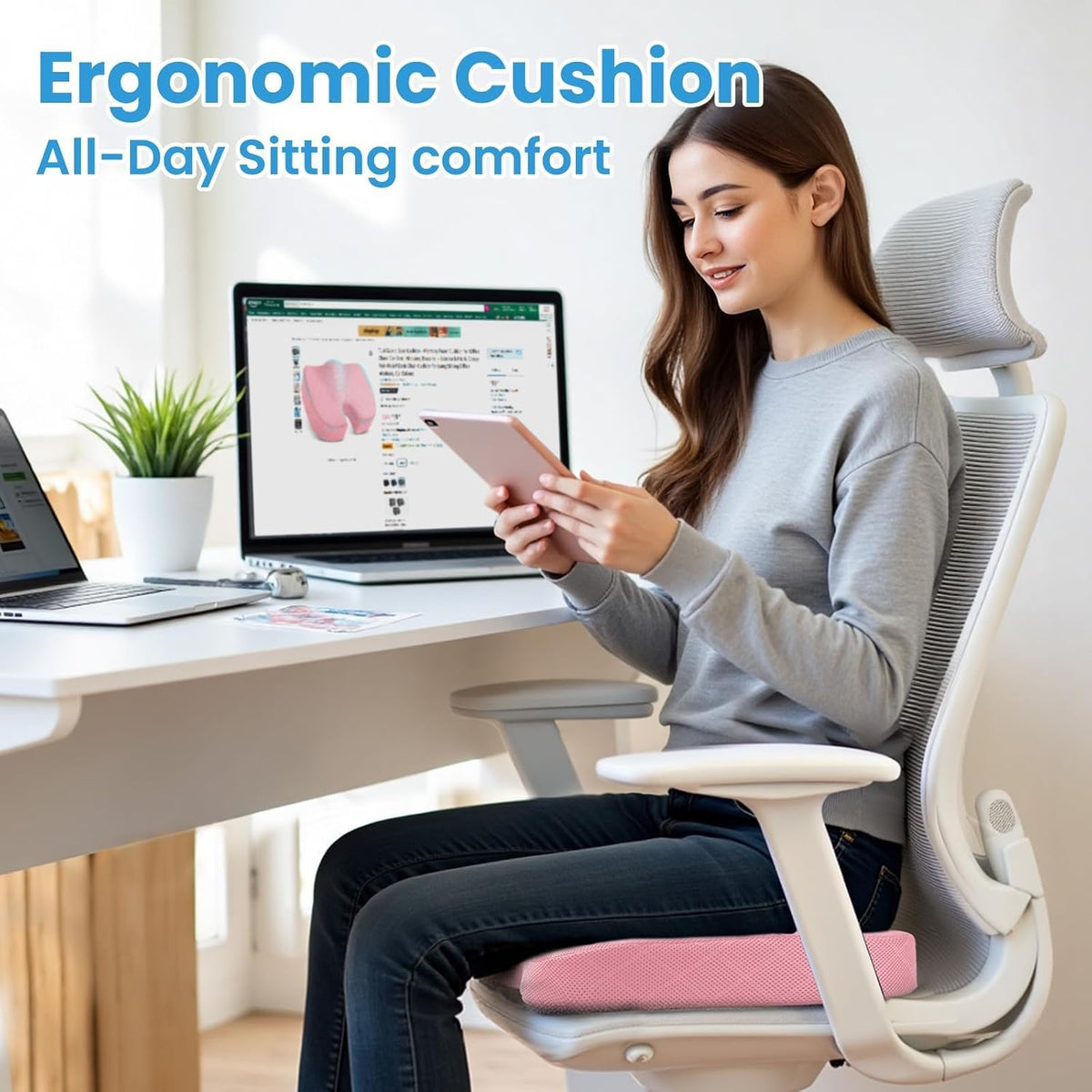 TushGuard Seat Cushion, Memory Foam Office Chair Cushion - Grey, Large