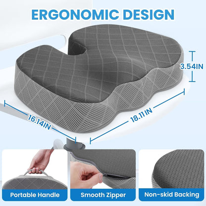 TushGuard Seat Cushion, Memory Foam Office Chair Cushion - Grey, Large