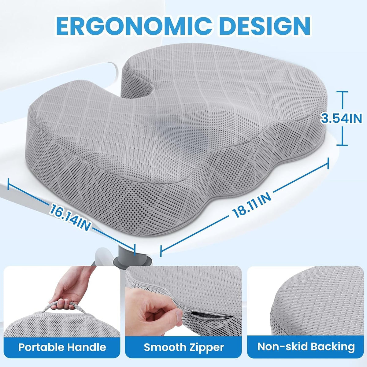 TushGuard Seat Cushion, Memory Foam Office Chair Cushion - Grey, Large