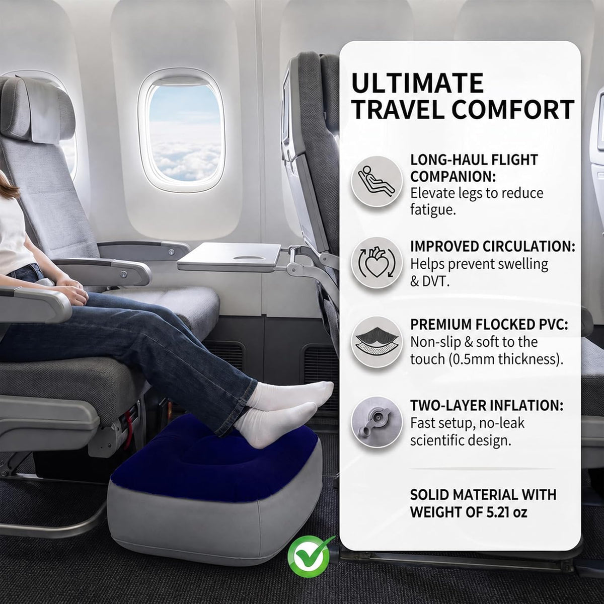 Inflatable Foot Rest for Airplane Travel, Portable Travel Foot Pillow for Office, Home Desk & Car, Adjustable Leg Rest for Economy Flight Comfort(2Pcs)