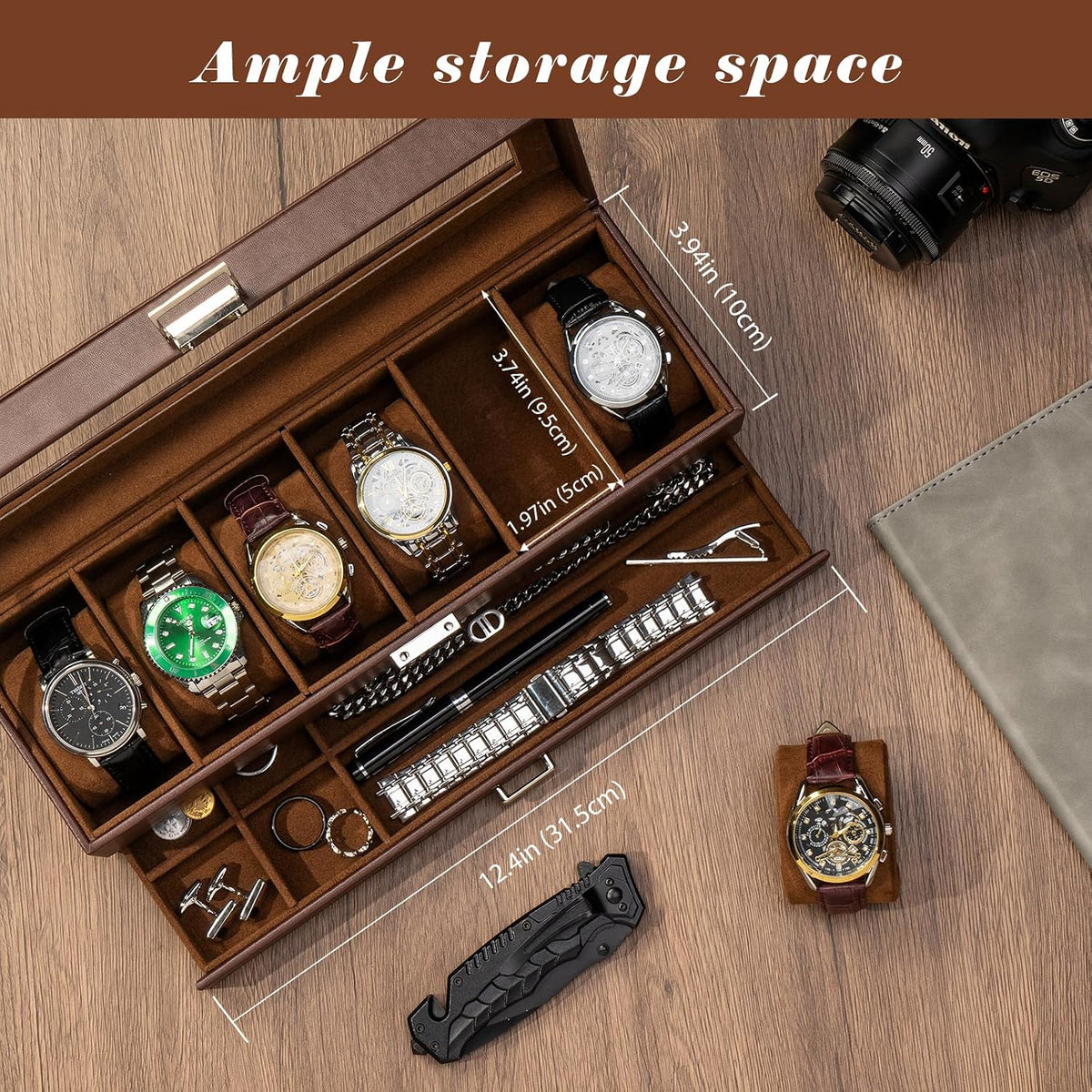 Watch Box, 6 Slot Watch Display Case with Drawer -Black