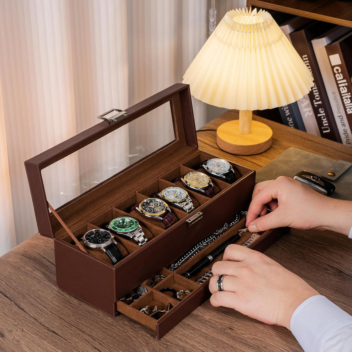 Watch Box, 6 Slot Watch Display Case with Drawer -Black