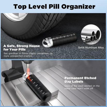 Metal Travel Pill Organizer, Portable Waterproof Weekly Pill Box, Large Aluminum Alloy Container, BPA Free 7 Day Daily Medicine Organizer Holder for Vitamin, Fish Oil, Supplement