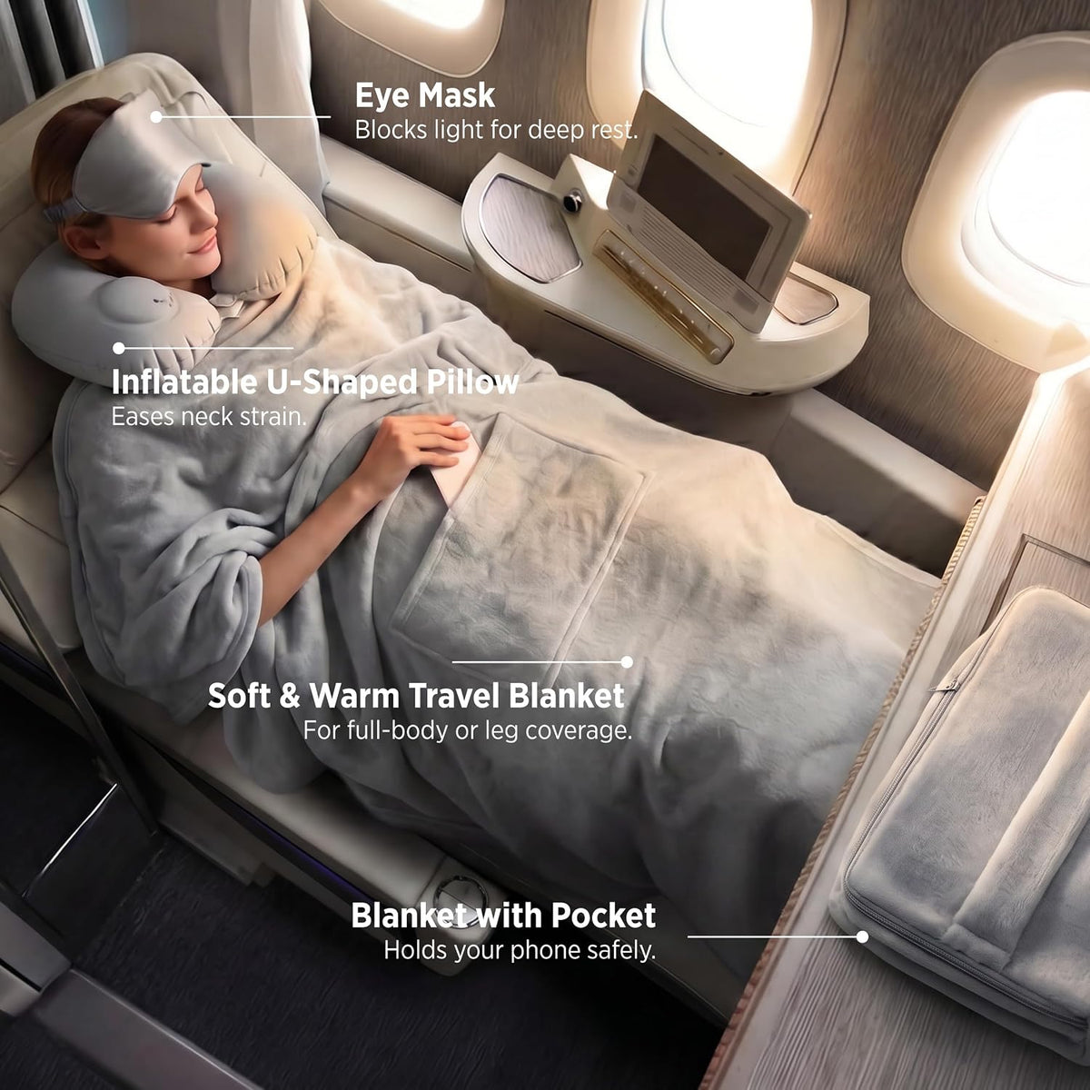 Travel Blanket Set with Inflatable Neck Pillow and Eye Mask, Grey
