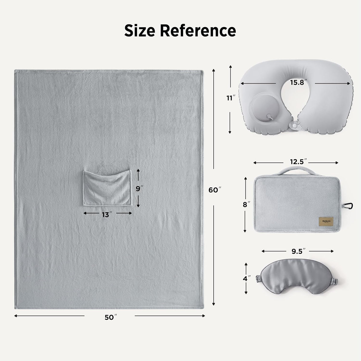 Travel Blanket Set with Inflatable Neck Pillow and Eye Mask, Grey