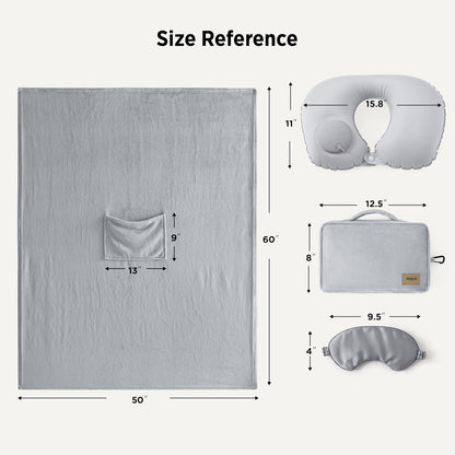 Travel Blanket Set with Inflatable Neck Pillow and Eye Mask, Grey