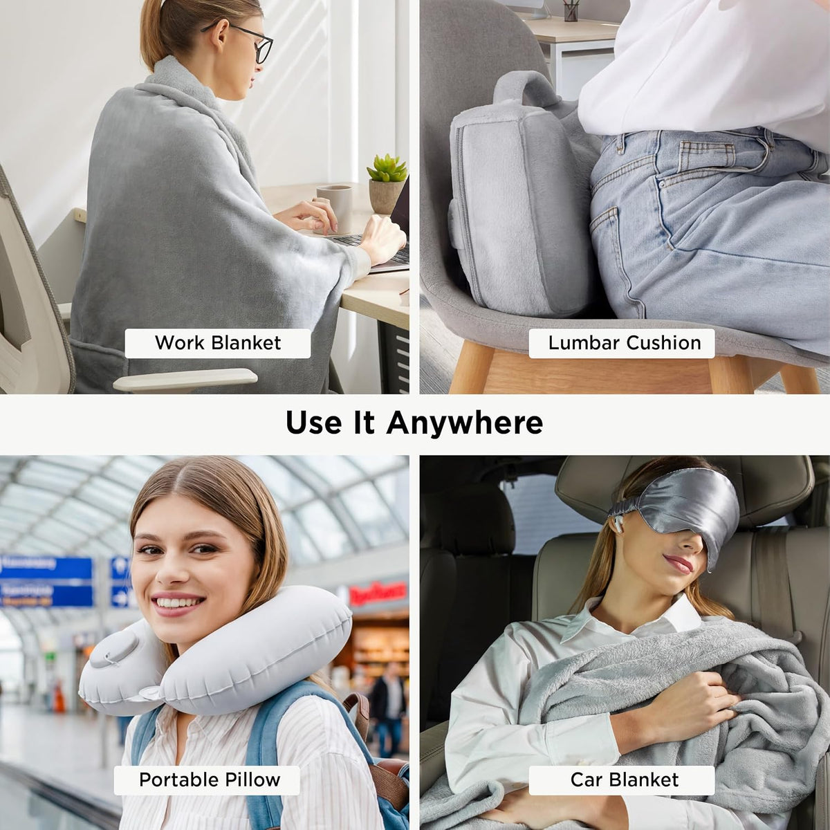 Travel Blanket Set with Inflatable Neck Pillow and Eye Mask, Grey