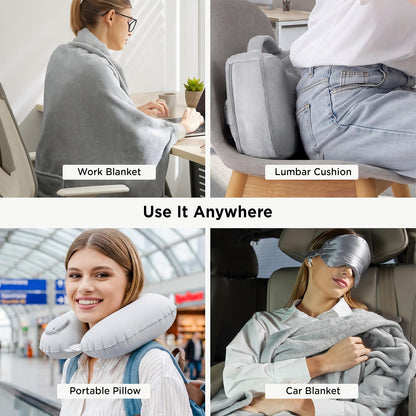 Travel Blanket Set with Inflatable Neck Pillow and Eye Mask, Grey