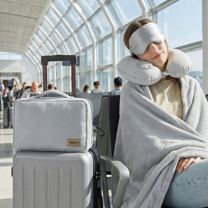 Travel Blanket Set with Inflatable Neck Pillow and Eye Mask, Grey