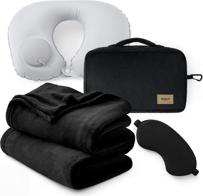 Travel Blanket Set with Inflatable Neck Pillow and Eye Mask, Grey