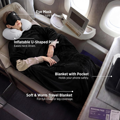 Travel Blanket Set with Inflatable Neck Pillow and Eye Mask, Grey