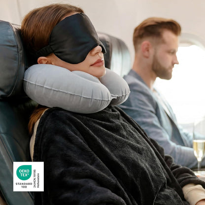 Travel Blanket Set with Inflatable Neck Pillow and Eye Mask, Grey