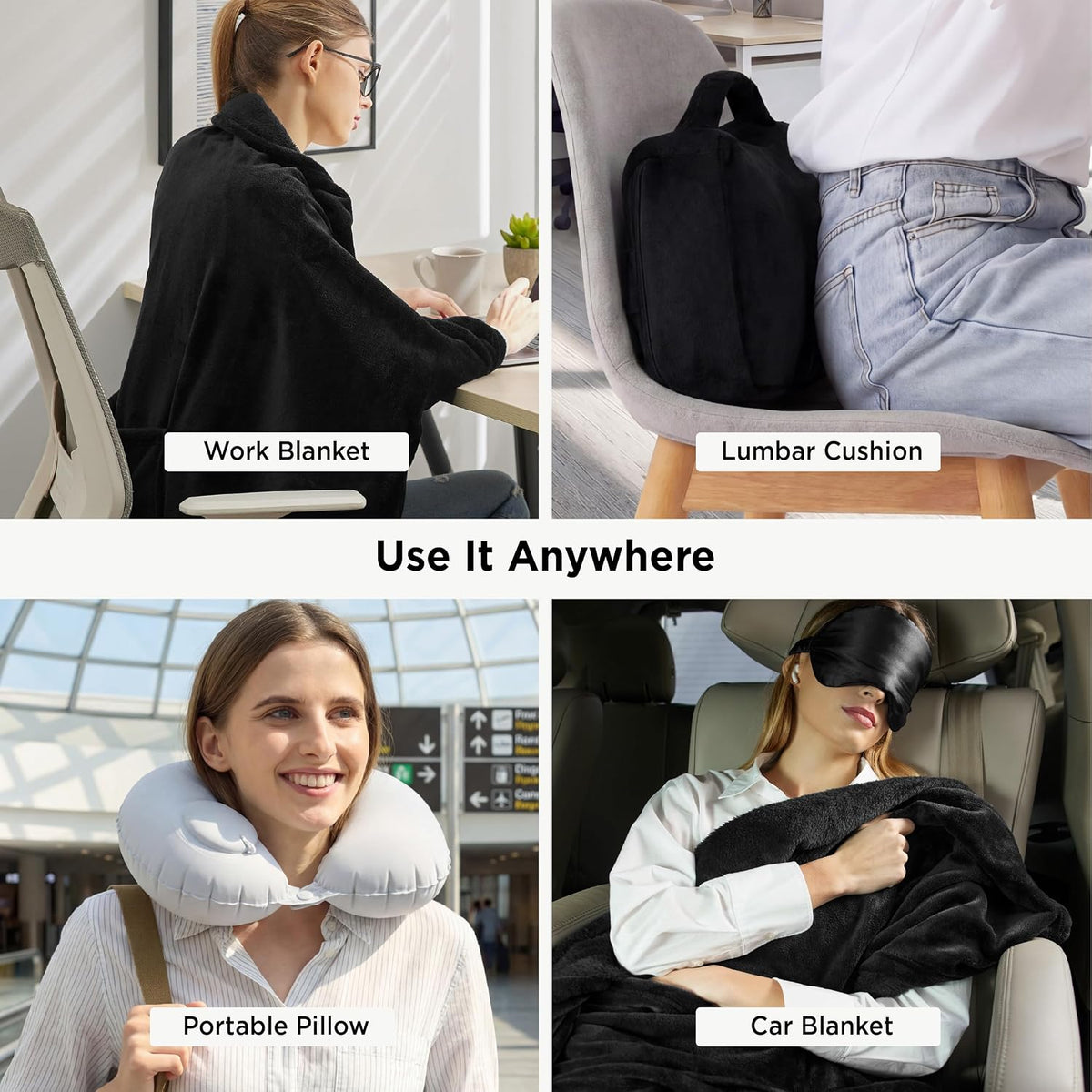 Travel Blanket Set with Inflatable Neck Pillow and Eye Mask, Grey
