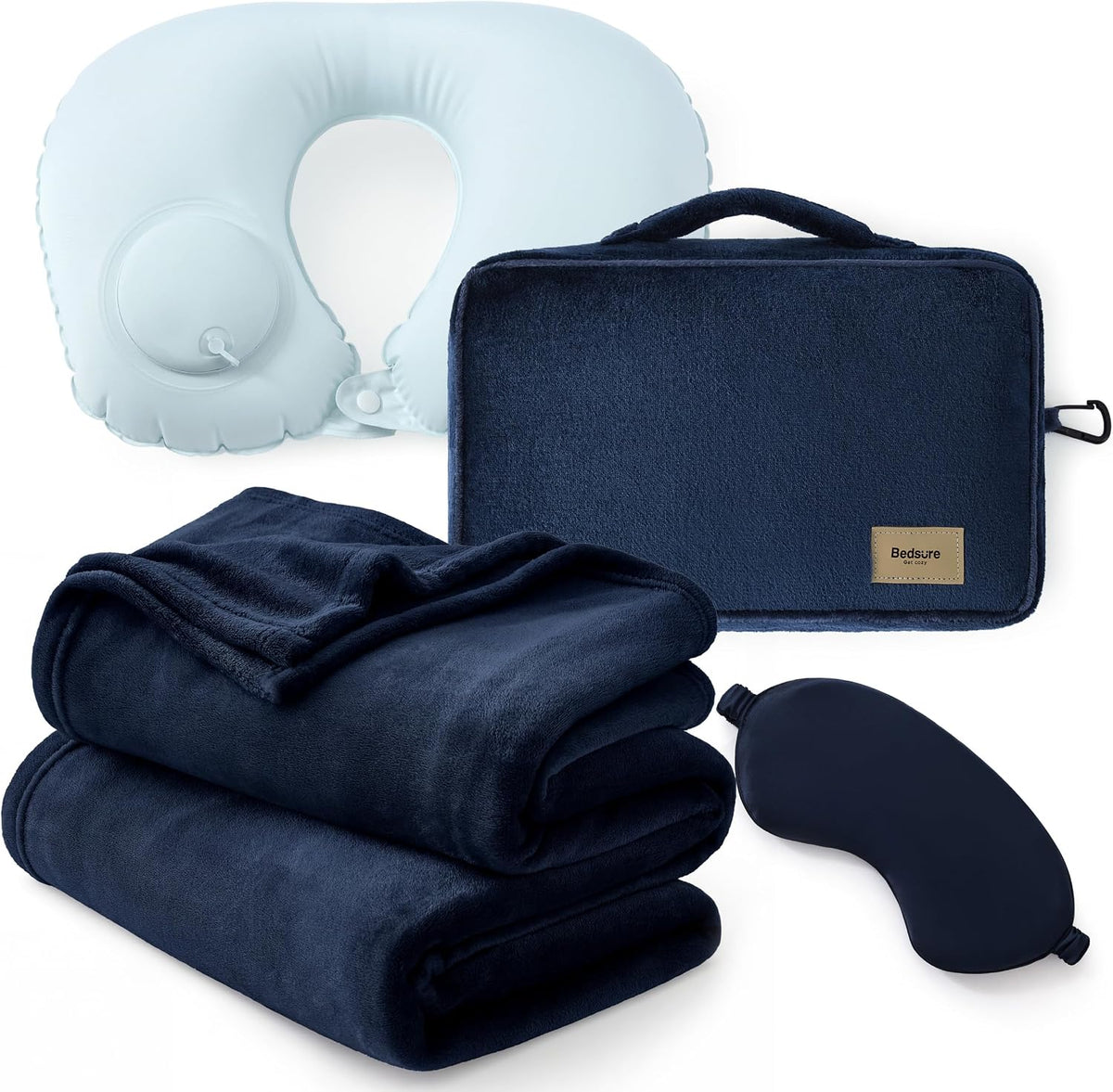 Travel Blanket Set with Inflatable Neck Pillow and Eye Mask, Grey